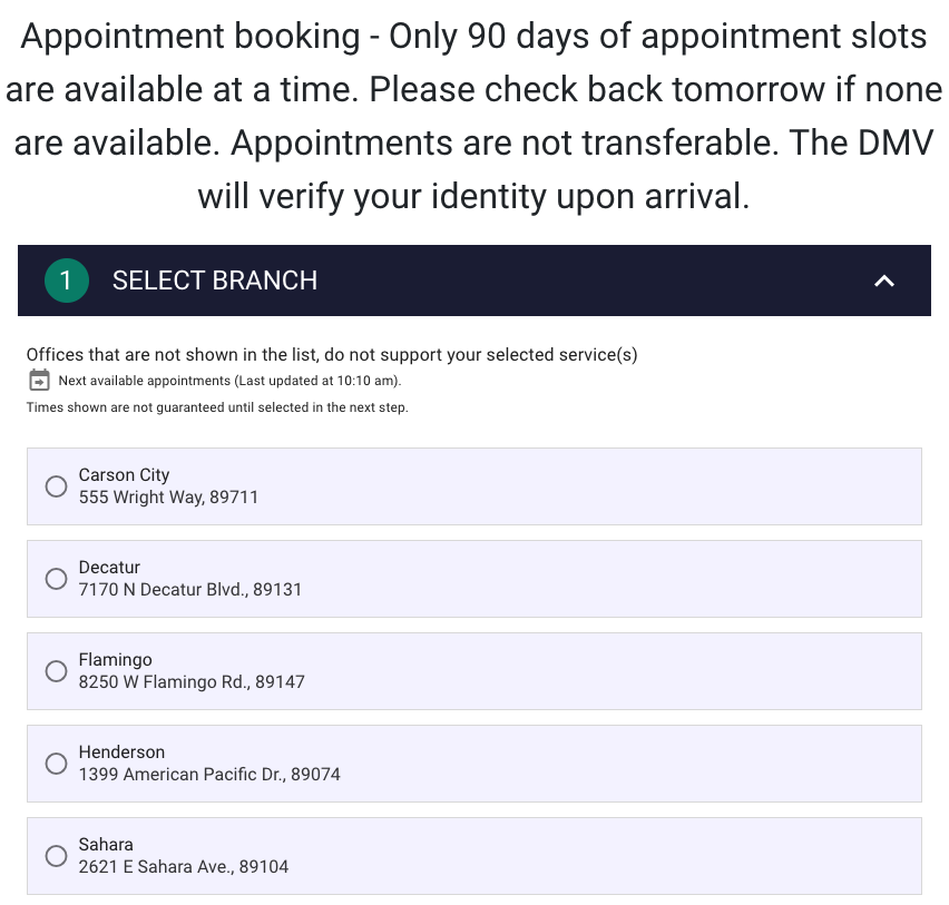 DMV Appointment Select Branch